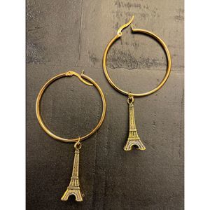 Gold Hoop Earrings with Eiffel Tower Charms